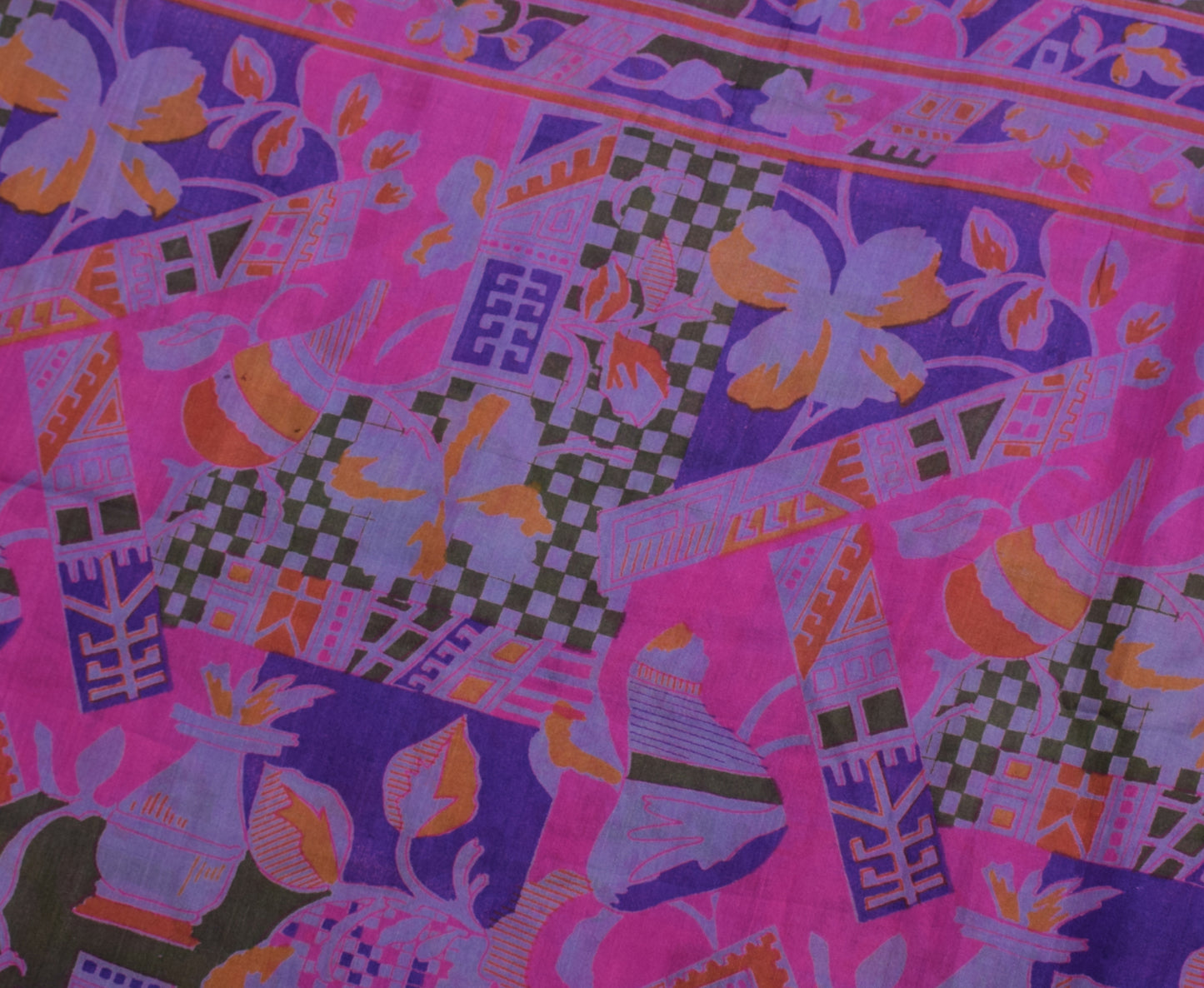 Sushila Vintage Purple Scrap Saree 100% Pure Silk Printed 5 Yard Sari Fabric