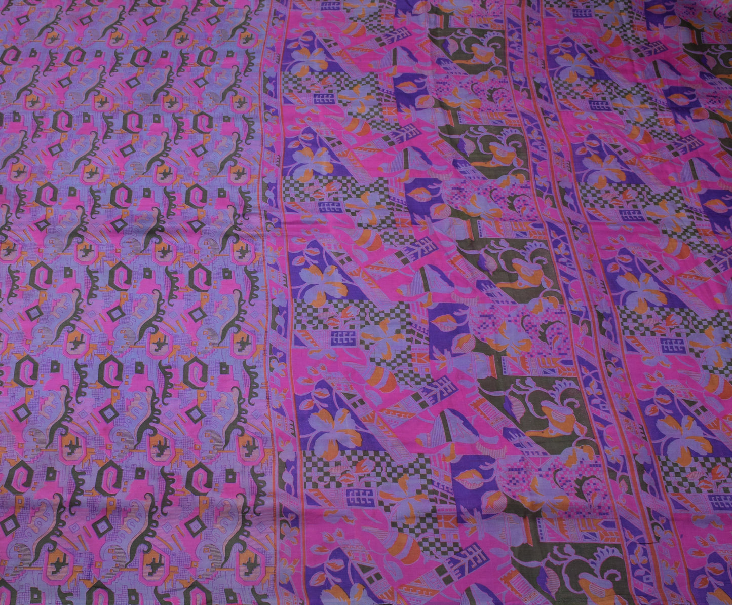 Sushila Vintage Purple Scrap Saree 100% Pure Silk Printed 5 Yard Sari Fabric
