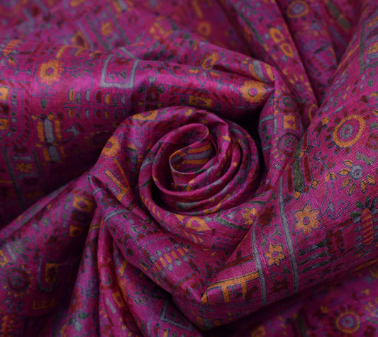 Sushila Vintage Magenta Scrap Saree 100% Pure Silk Printed Floral Sari Fabric