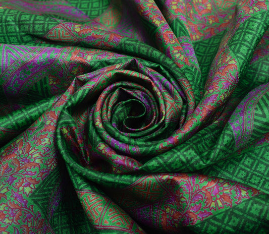 Sushila Vintage Green Scrap Saree 100%Pure Silk Printed Floral Sari Craft Fabric