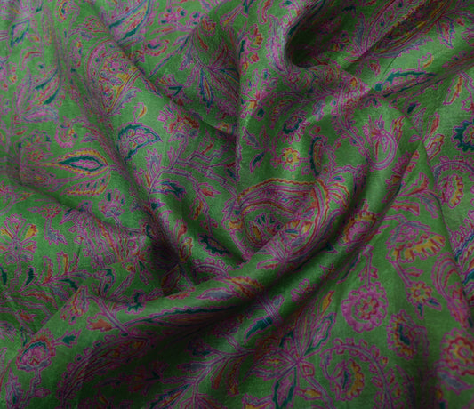 Sushila Vintage Green Scrap Saree 100% Pure Silk Printed Paisley Sari Fabric