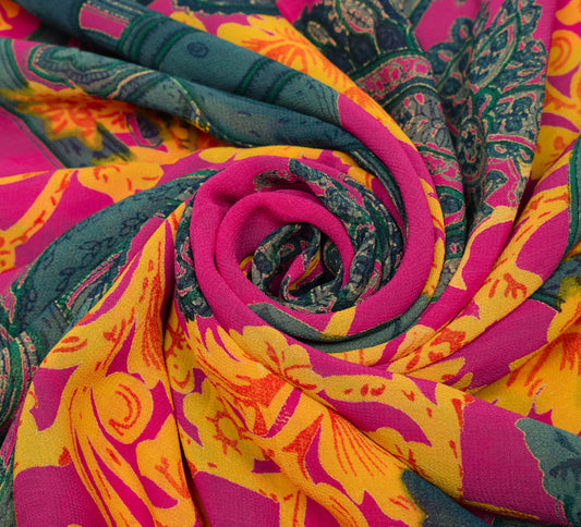 Sushila Vintage Fuchsia Scrap Saree Georgette Silk Printed Floral Sari Fabric