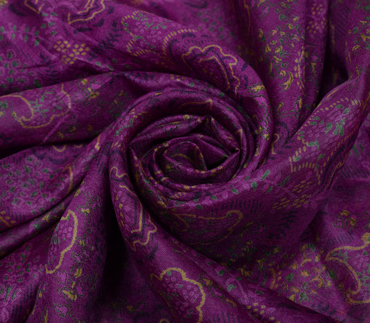 Sushila Vintage Purple Scrap Saree 100% Pure Silk Printed Floral Sari Fabric