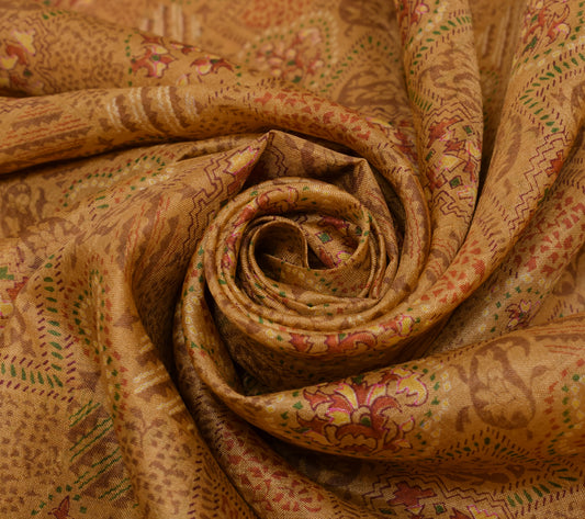 Sushila Vintage Brown Scrap Saree 100%Pure Silk Printed Floral Sari Craft Fabric