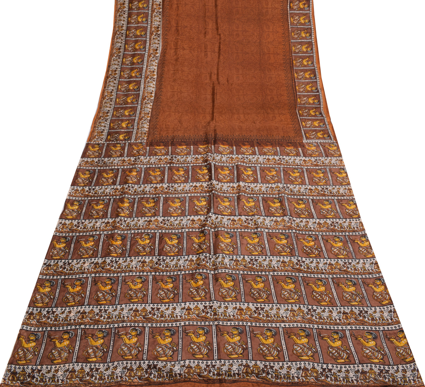 Sushila Vintage Brown Scrap Saree 100% Pure Silk Humans Printed Sari Soft Fabric