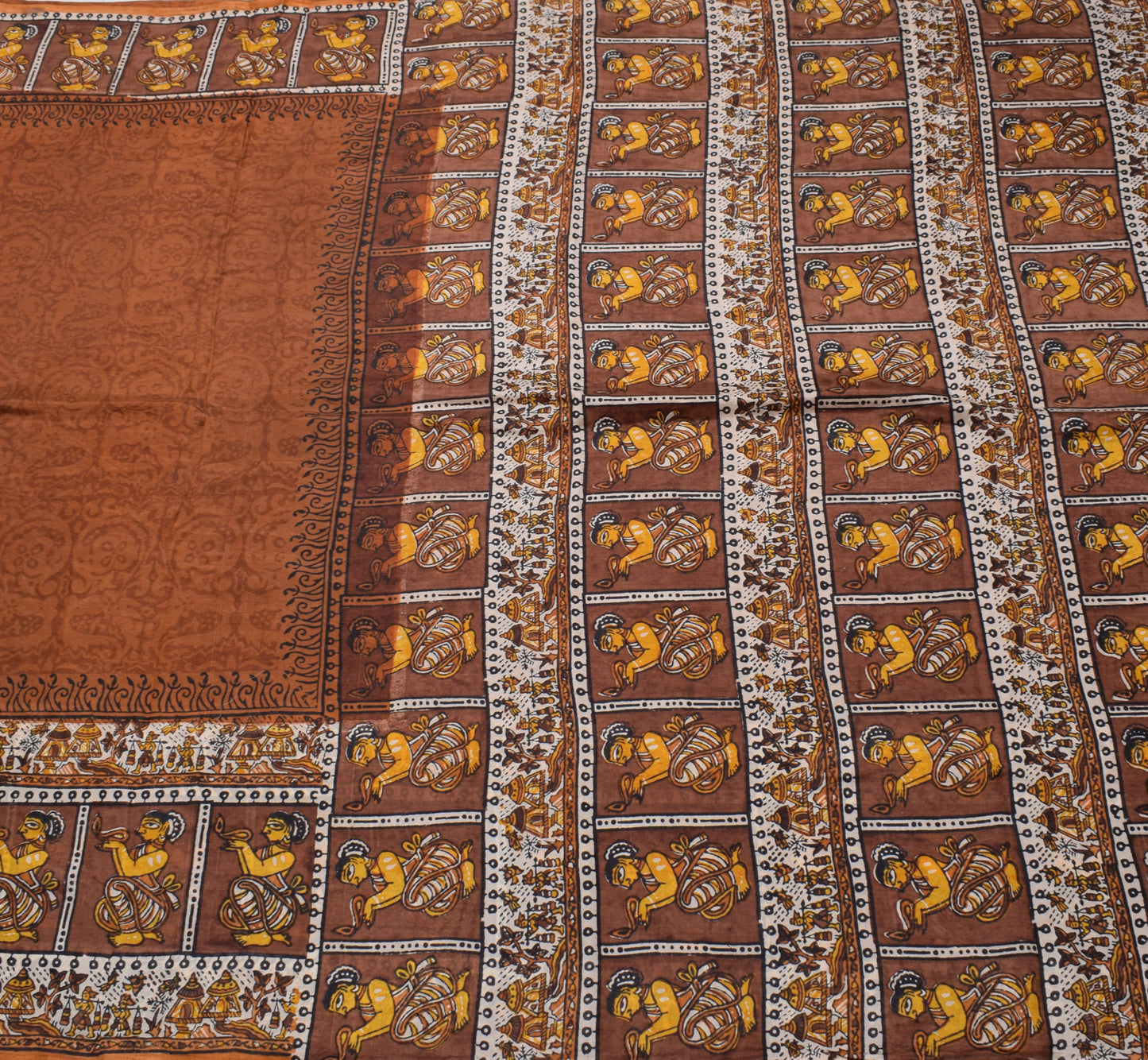 Sushila Vintage Brown Scrap Saree 100% Pure Silk Humans Printed Sari Soft Fabric