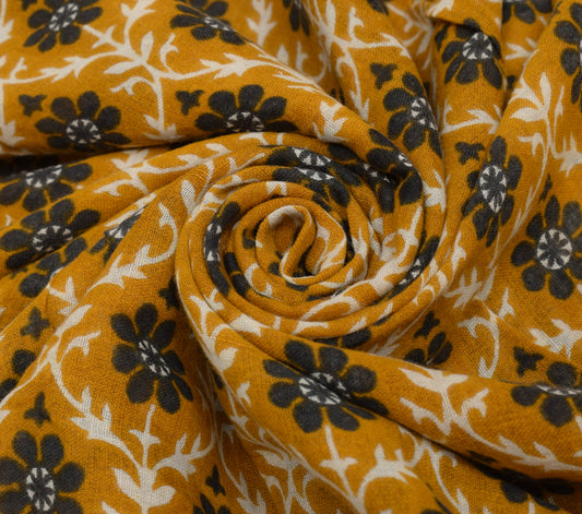 Sushila Vintage Mustard Scrap Saree 100% Pure Cotton Printed Floral Sari Fabric