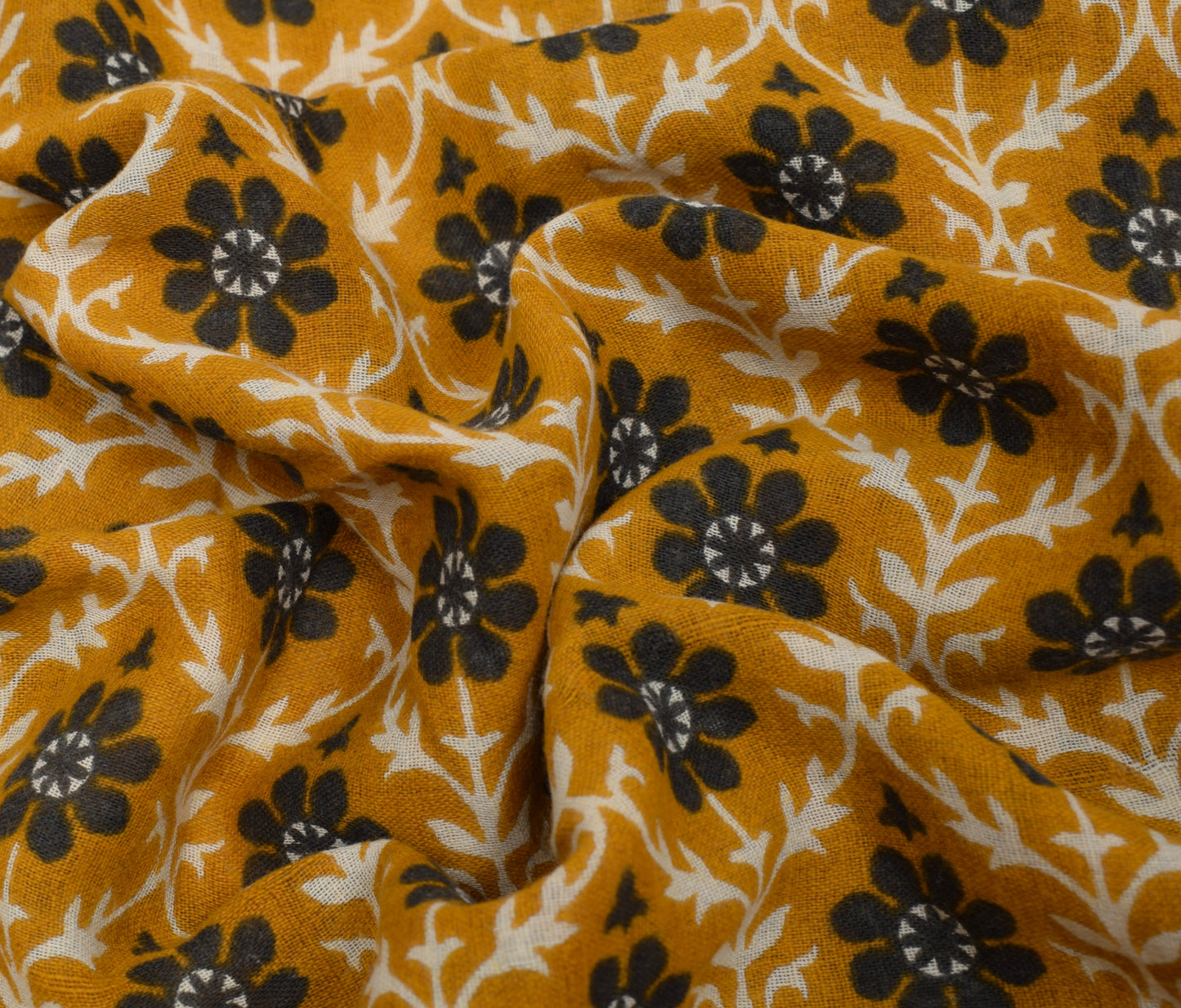 Sushila Vintage Mustard Scrap Saree 100% Pure Cotton Printed Floral Sari Fabric