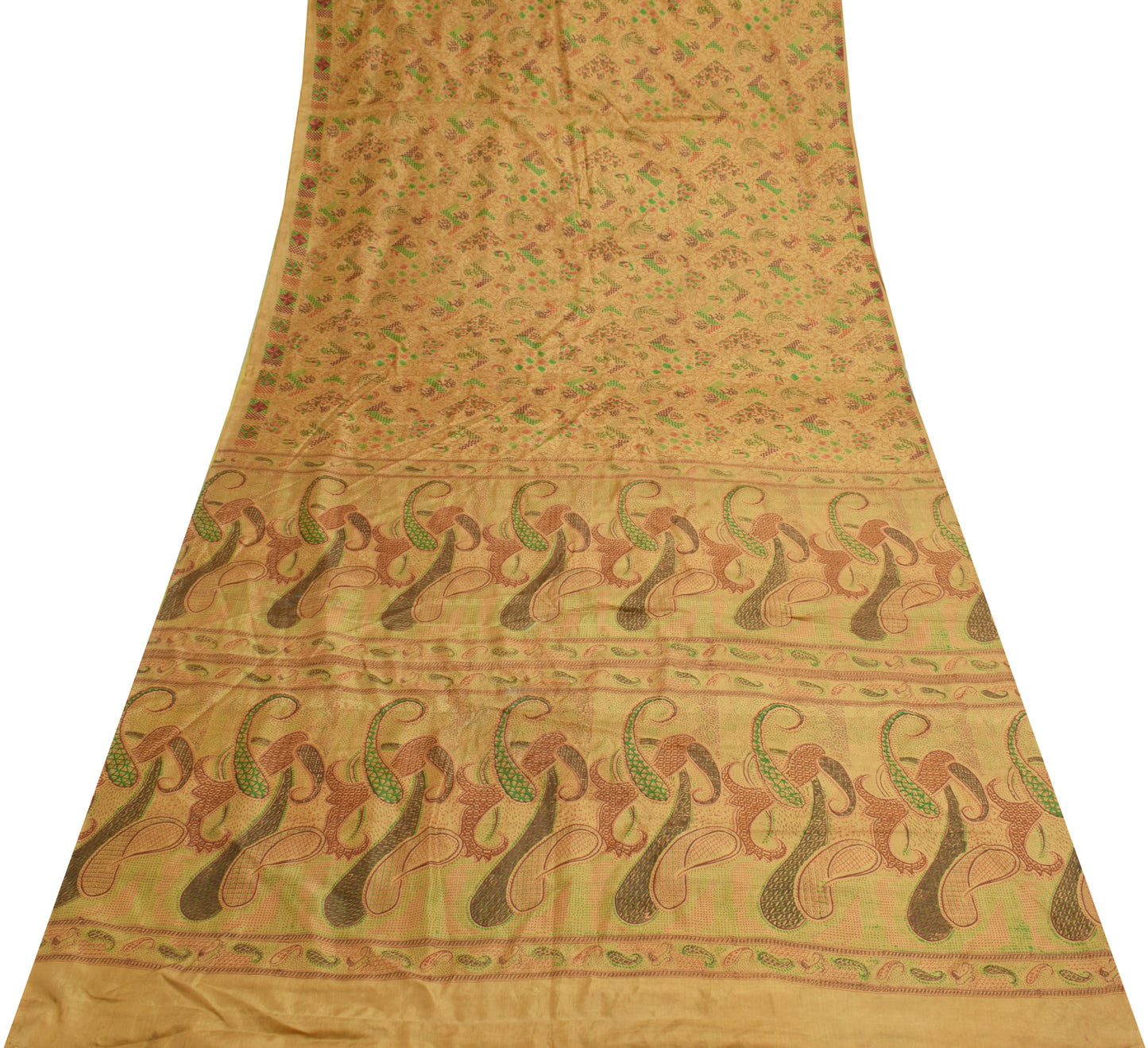 Sushila Vintage Brown Scrap Saree 100% Pure Silk Printed Paisley 5YD Sari Fabric