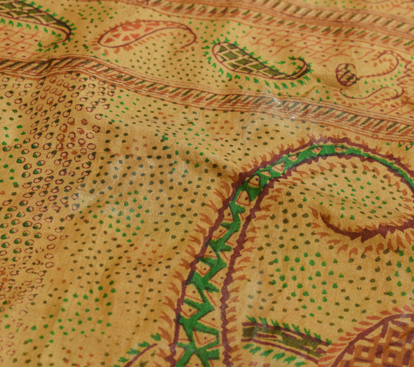 Sushila Vintage Brown Scrap Saree 100% Pure Silk Printed Paisley 5YD Sari Fabric