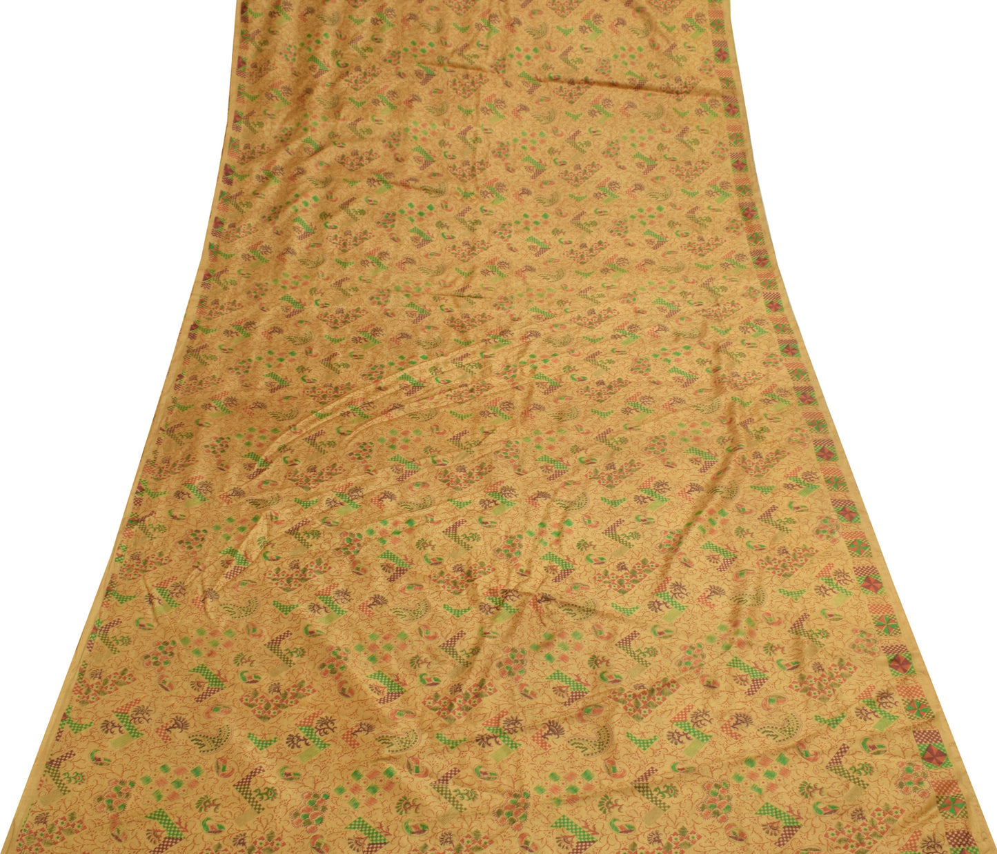 Sushila Vintage Brown Scrap Saree 100% Pure Silk Printed Paisley 5YD Sari Fabric