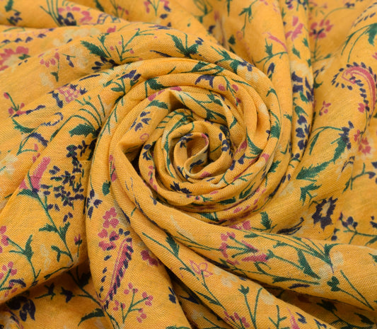 Sushila Vintage Yellow Scrap Saree 100% Pure Cotton Printed Floral Sari Fabric