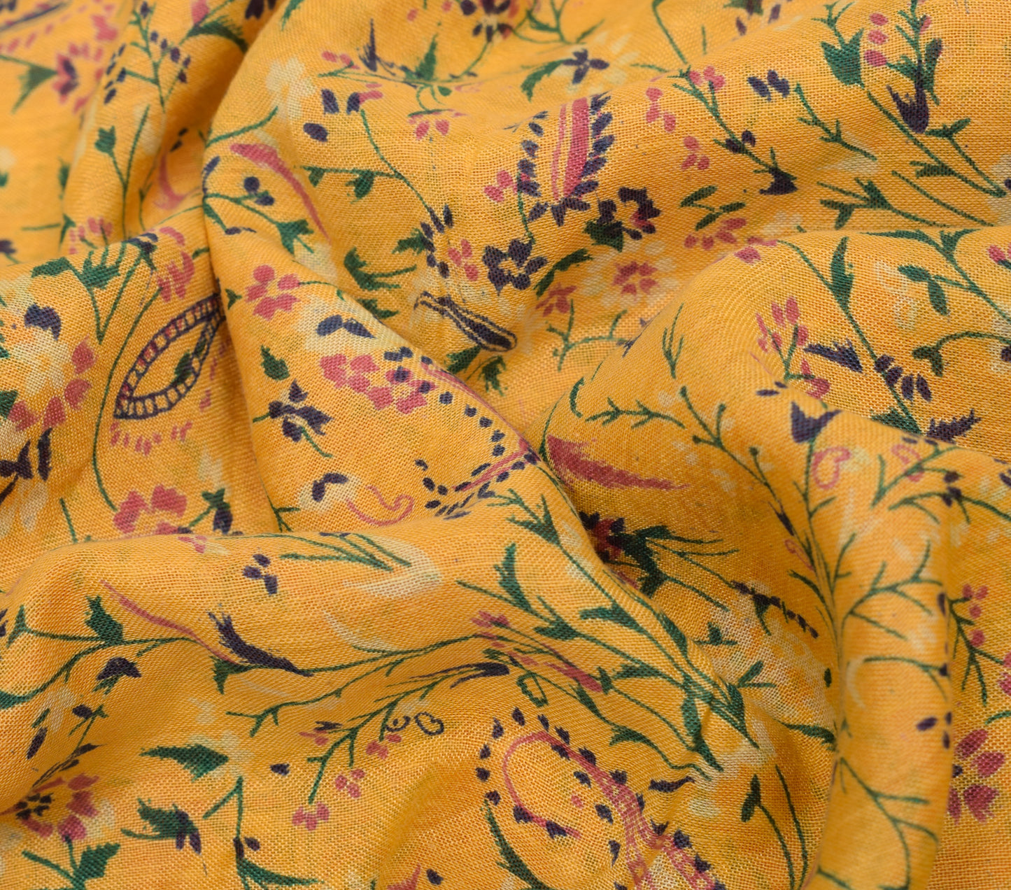 Sushila Vintage Yellow Scrap Saree 100% Pure Cotton Printed Floral Sari Fabric