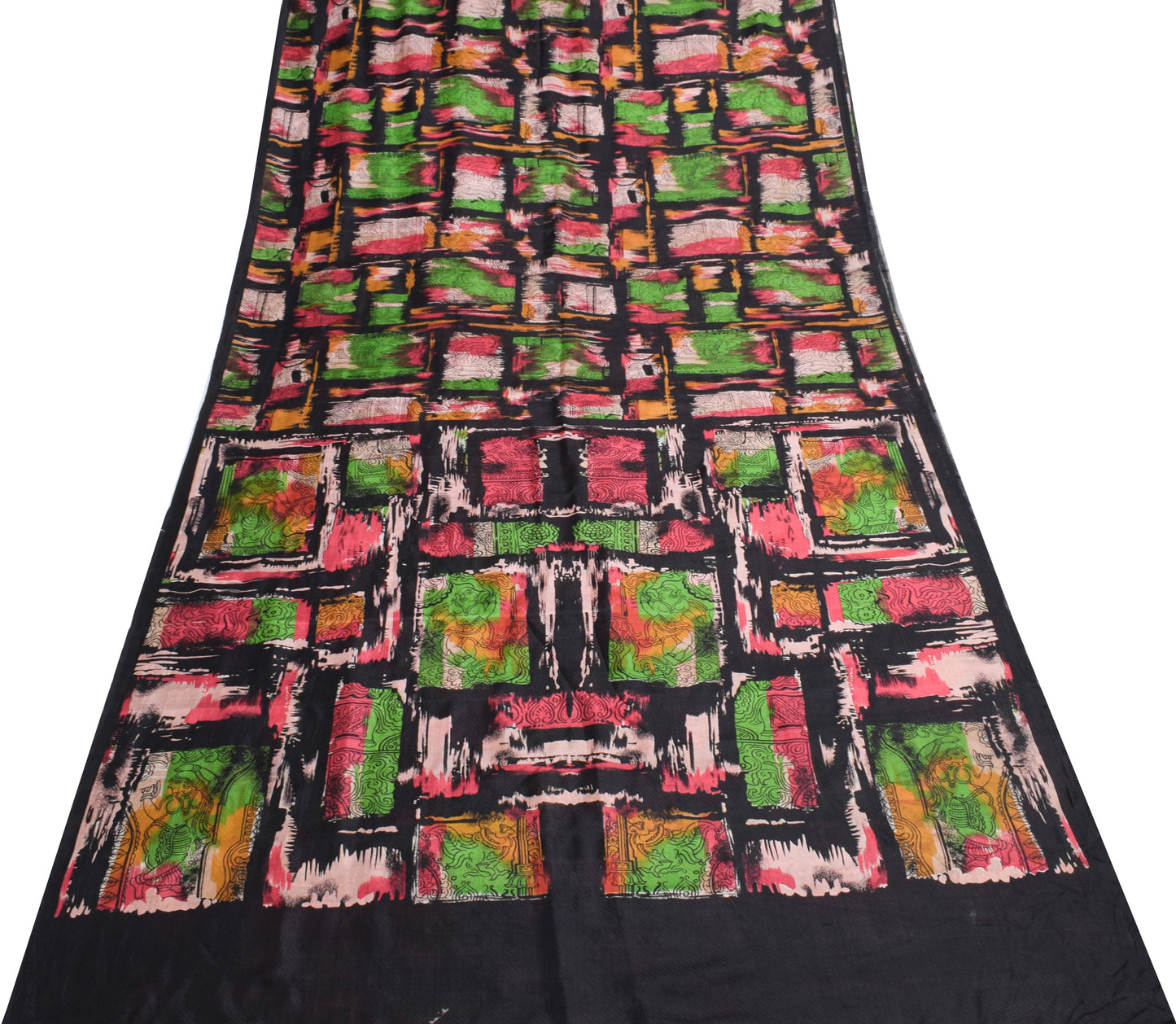 Sushila Vintage Black Scrap Saree 100% Pure Silk Printed Humans Soft Sari Fabric