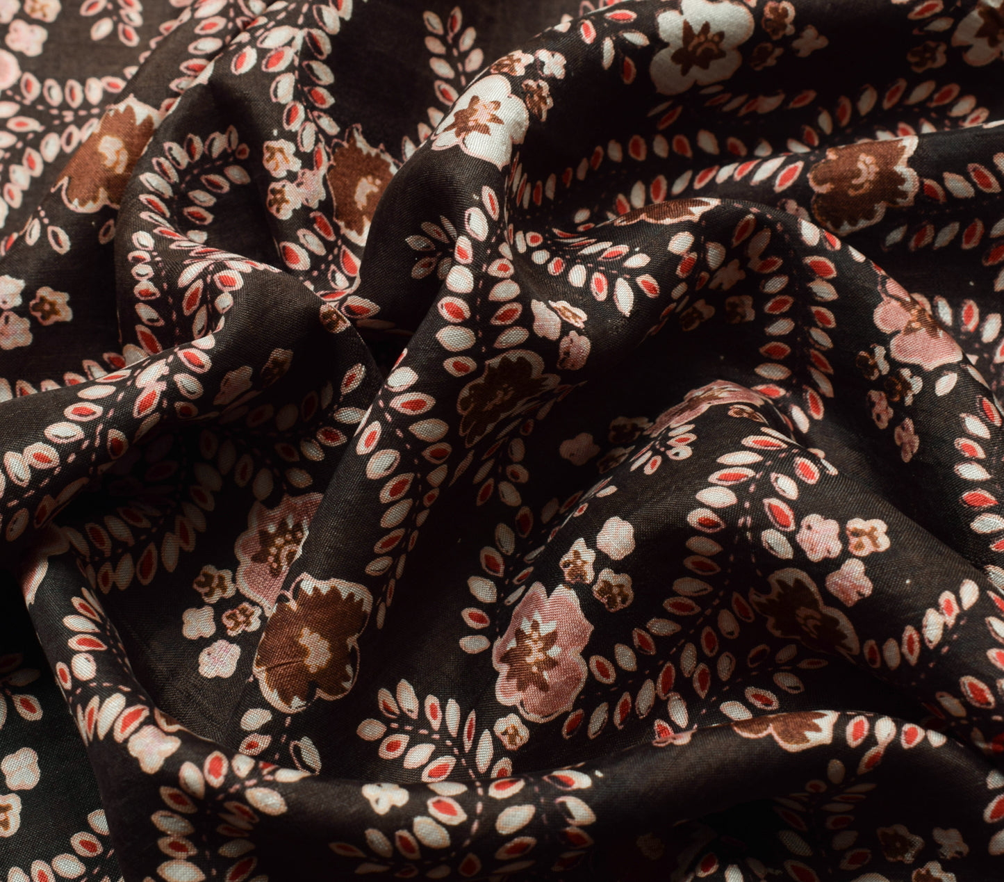 Sushila Vintage Dark Brown Scrap Saree 100% Pure Silk Printed Floral Sari Fabric