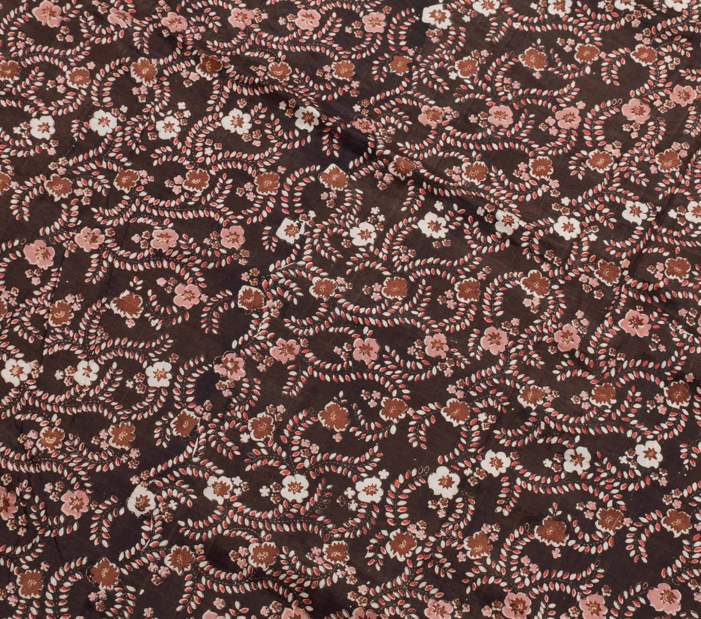 Sushila Vintage Dark Brown Scrap Saree 100% Pure Silk Printed Floral Sari Fabric