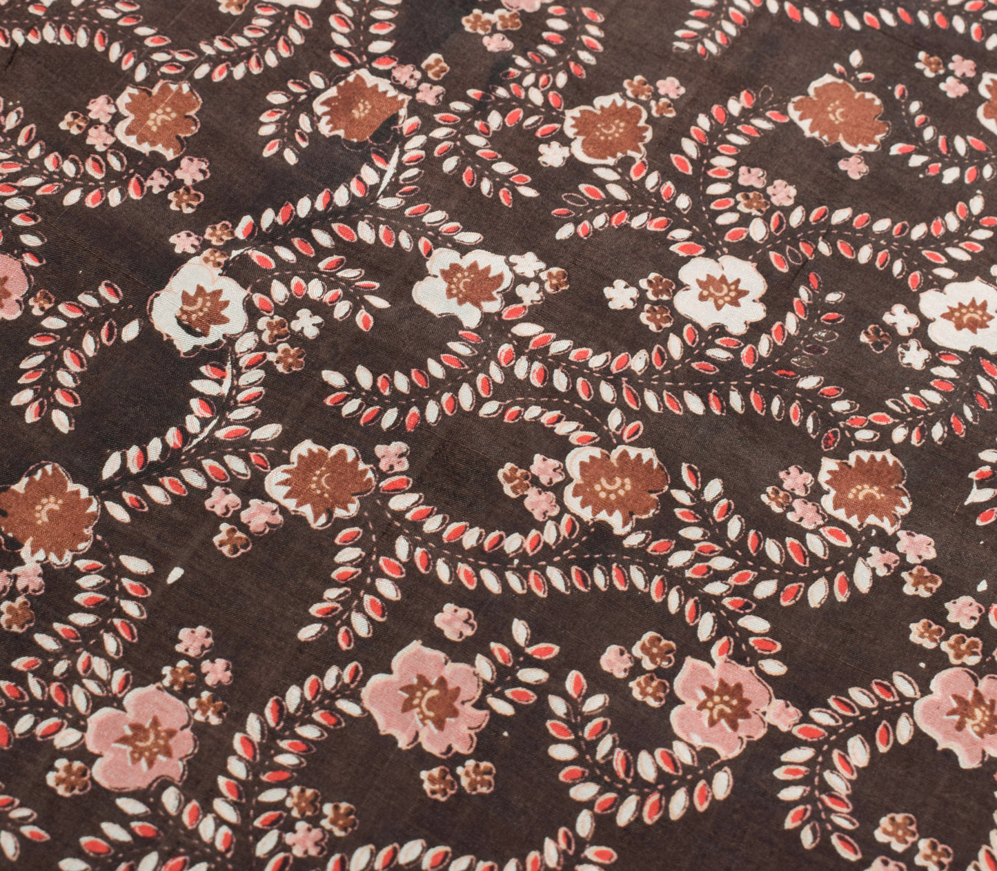 Sushila Vintage Dark Brown Scrap Saree 100% Pure Silk Printed Floral Sari Fabric