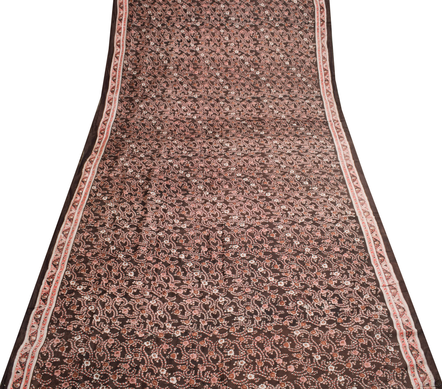 Sushila Vintage Dark Brown Scrap Saree 100% Pure Silk Printed Floral Sari Fabric