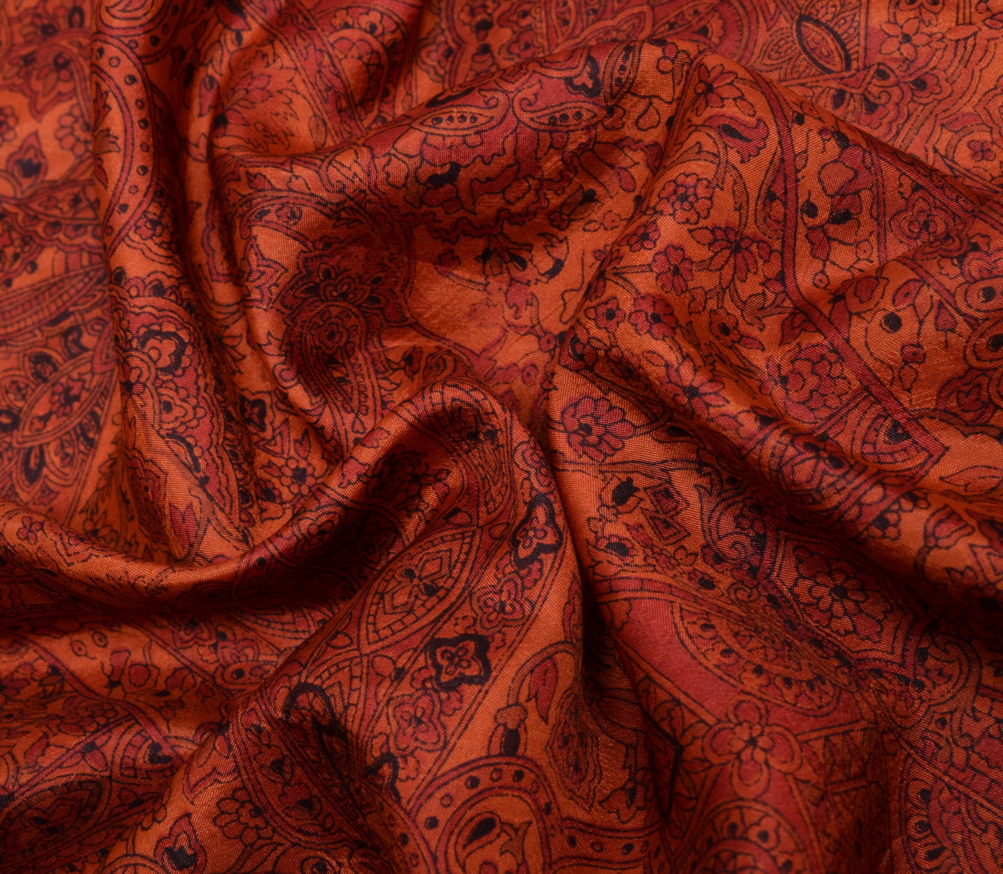 Sushila Vintage Dark Orange Scrap Saree 100%Pure Silk Printed Floral Sari Fabric