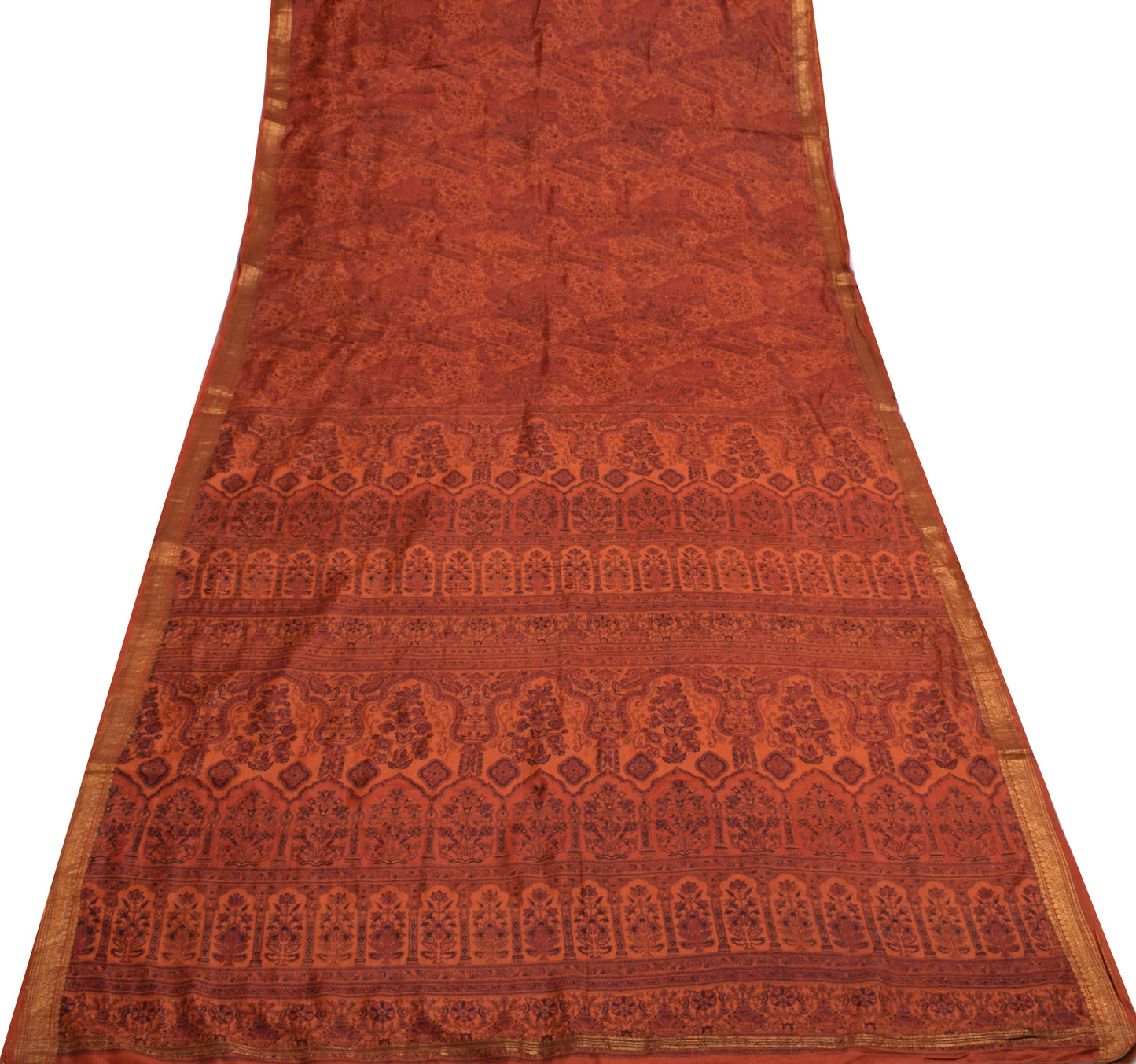 Sushila Vintage Dark Orange Scrap Saree 100%Pure Silk Printed Floral Sari Fabric