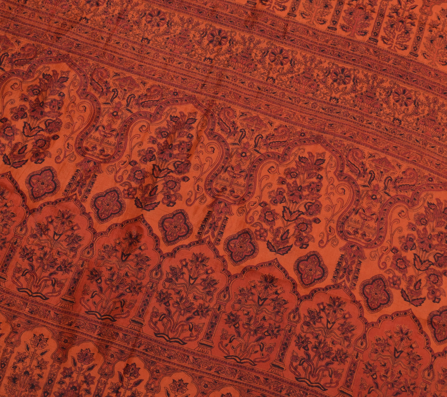 Sushila Vintage Dark Orange Scrap Saree 100%Pure Silk Printed Floral Sari Fabric