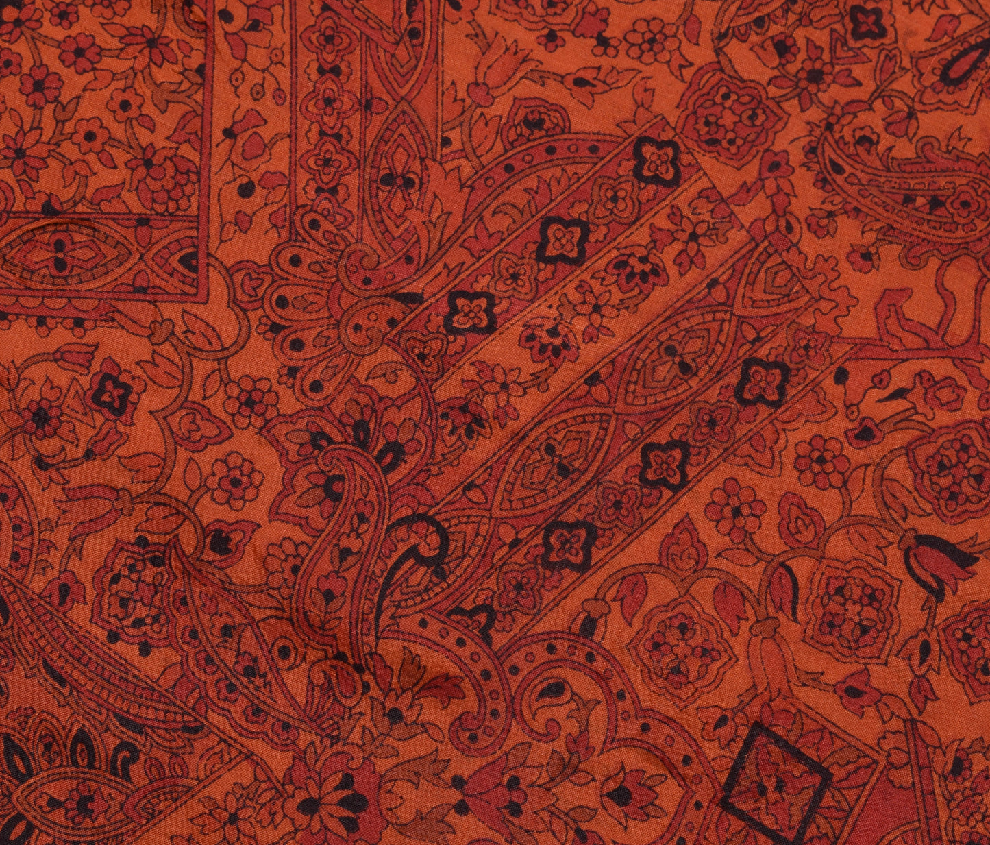 Sushila Vintage Dark Orange Scrap Saree 100%Pure Silk Printed Floral Sari Fabric