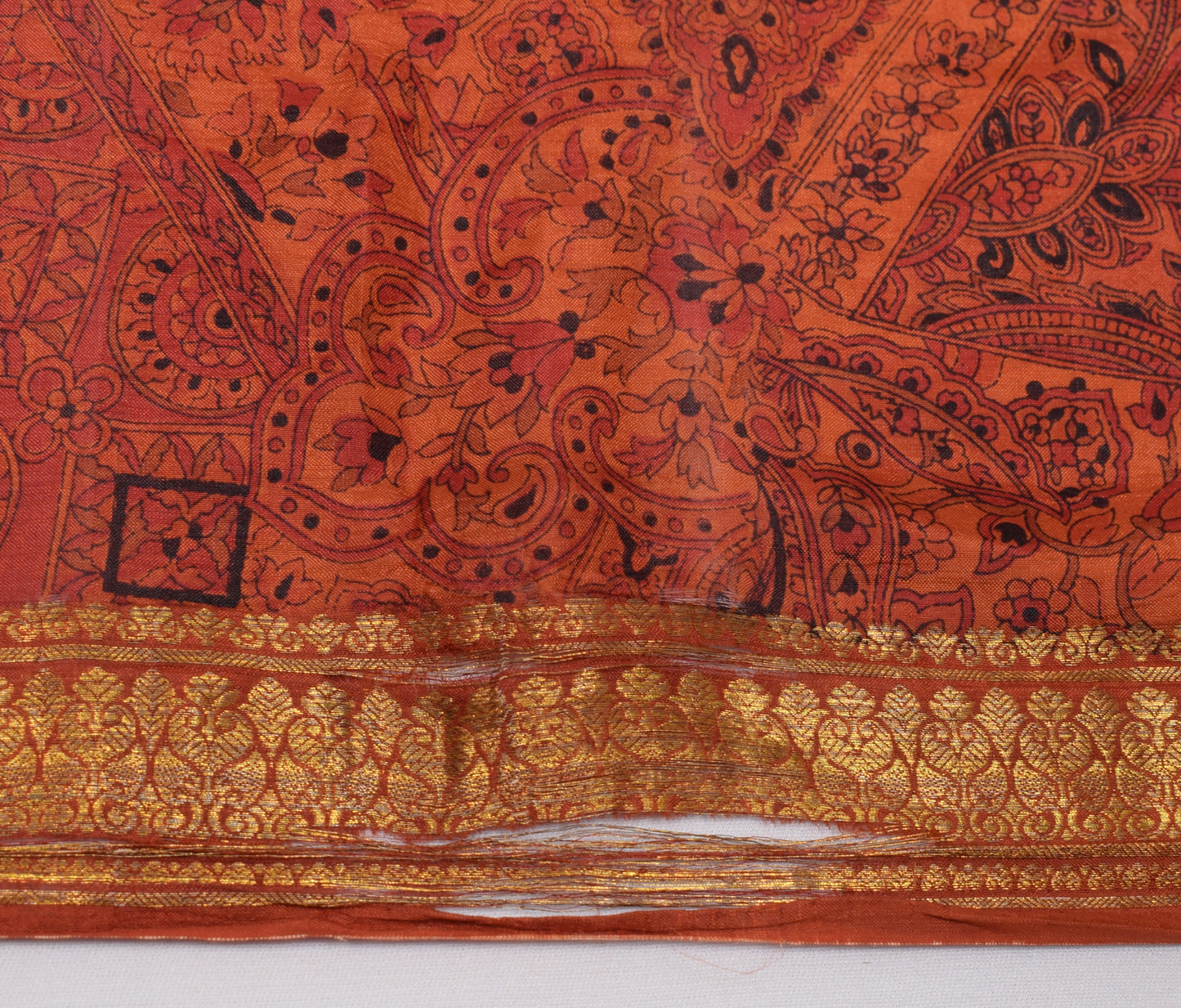 Sushila Vintage Dark Orange Scrap Saree 100%Pure Silk Printed Floral Sari Fabric