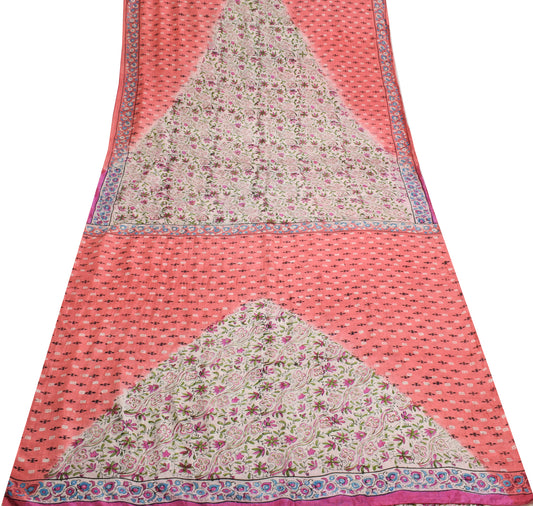 Sushila Vintage Pink Scrap Saree 100% Pure Silk Printed Floral Sari Craft Fabric