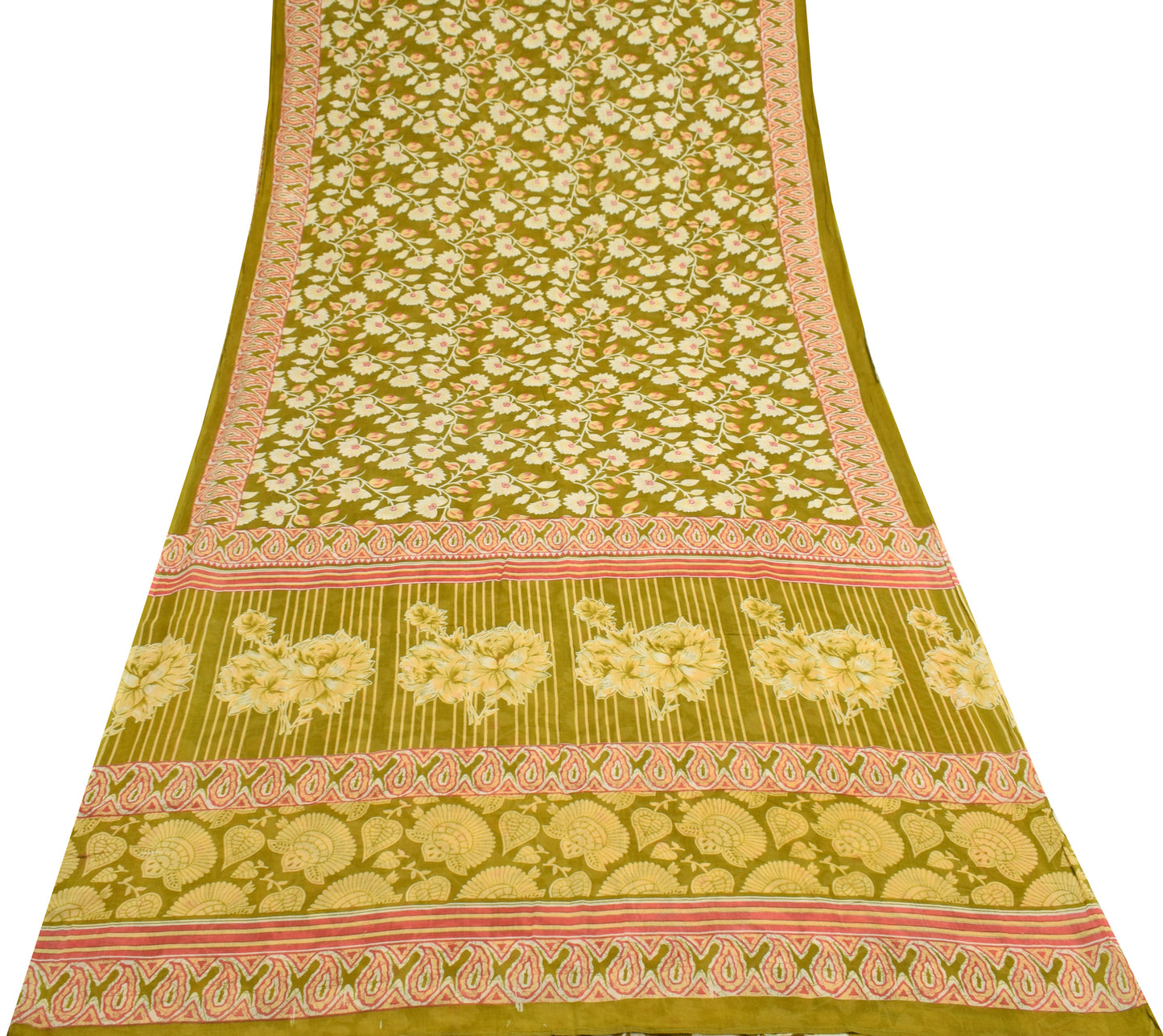 Sushila Vintage Green Scrap Saree 100% Pure Cotton Printed Floral Sari Fabric