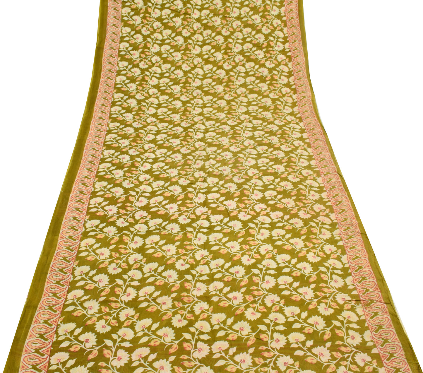 Sushila Vintage Green Scrap Saree 100% Pure Cotton Printed Floral Sari Fabric