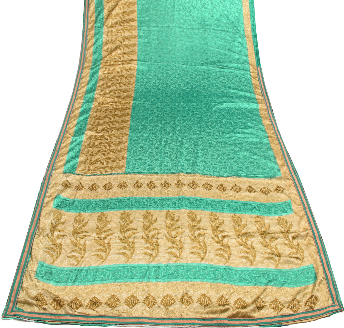 Sushila Vintage Green Scrap Saree Blend Crepe Silk Printed Floral Sari Fabric