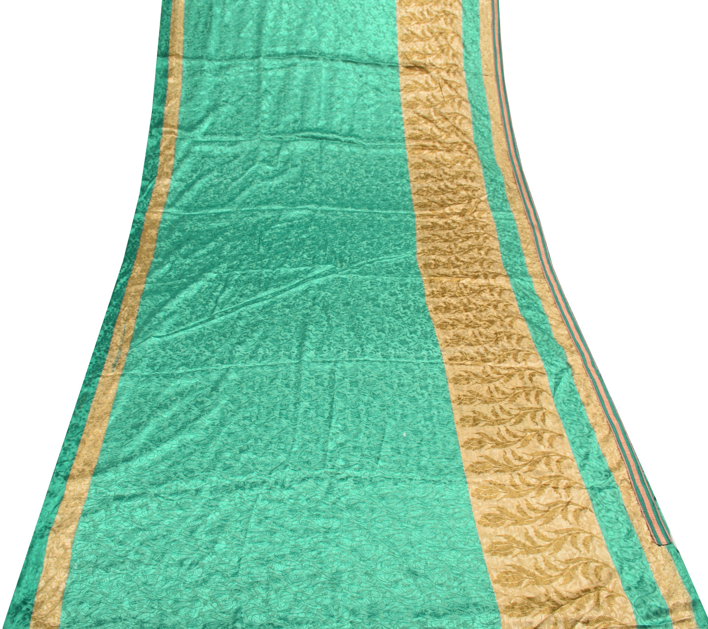 Sushila Vintage Green Scrap Saree Blend Crepe Silk Printed Floral Sari Fabric