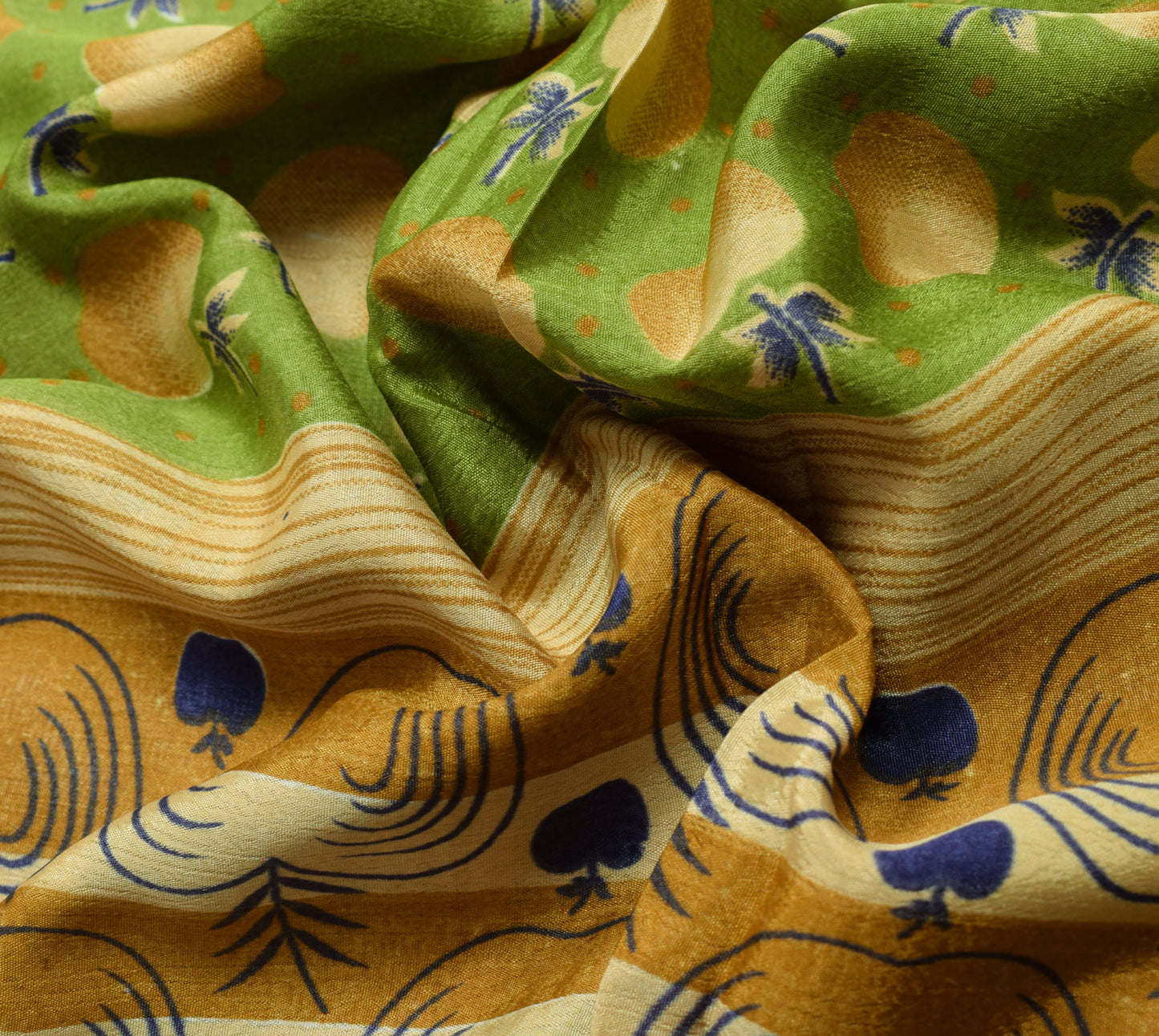 Sushila Vintage Green Scrap Saree Blend Silk Fruits Printed Sari Craft Fabric