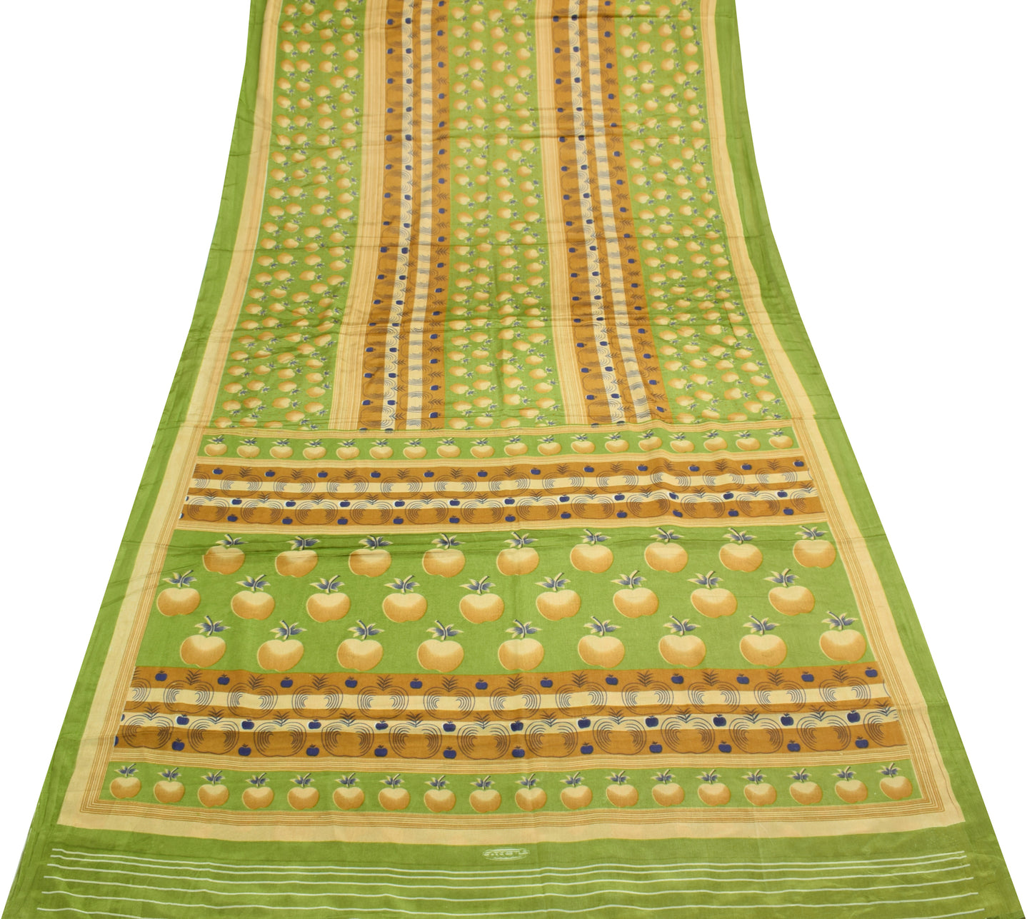 Sushila Vintage Green Scrap Saree Blend Silk Fruits Printed Sari Craft Fabric