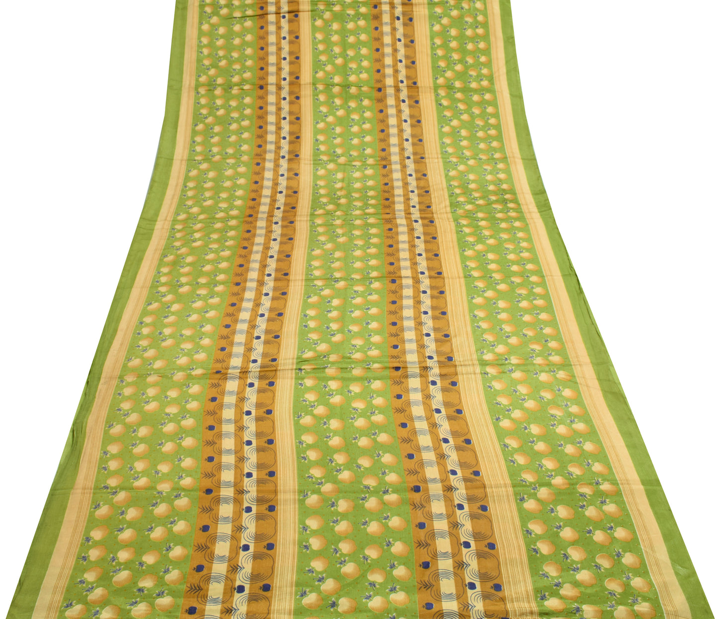 Sushila Vintage Green Scrap Saree Blend Silk Fruits Printed Sari Craft Fabric