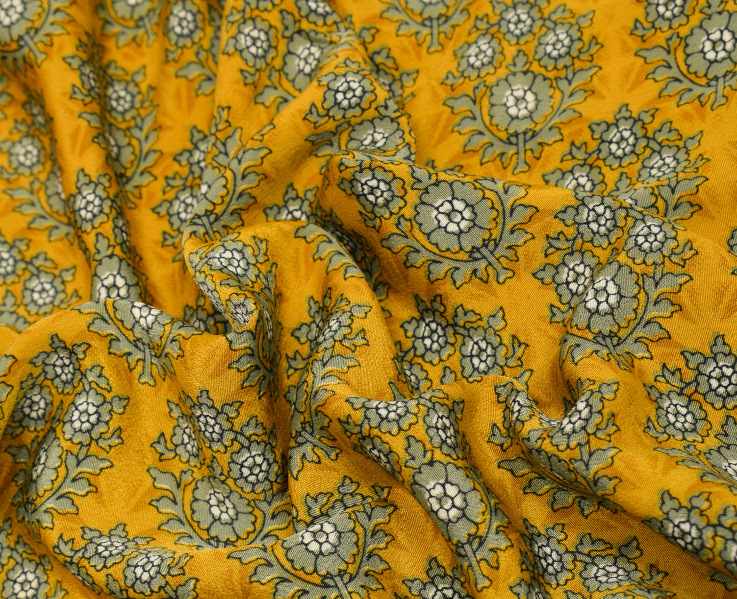 Sushila Vintage Mustard Scrap Saree Blend Crepe Silk Printed Flroal Sari Fabric