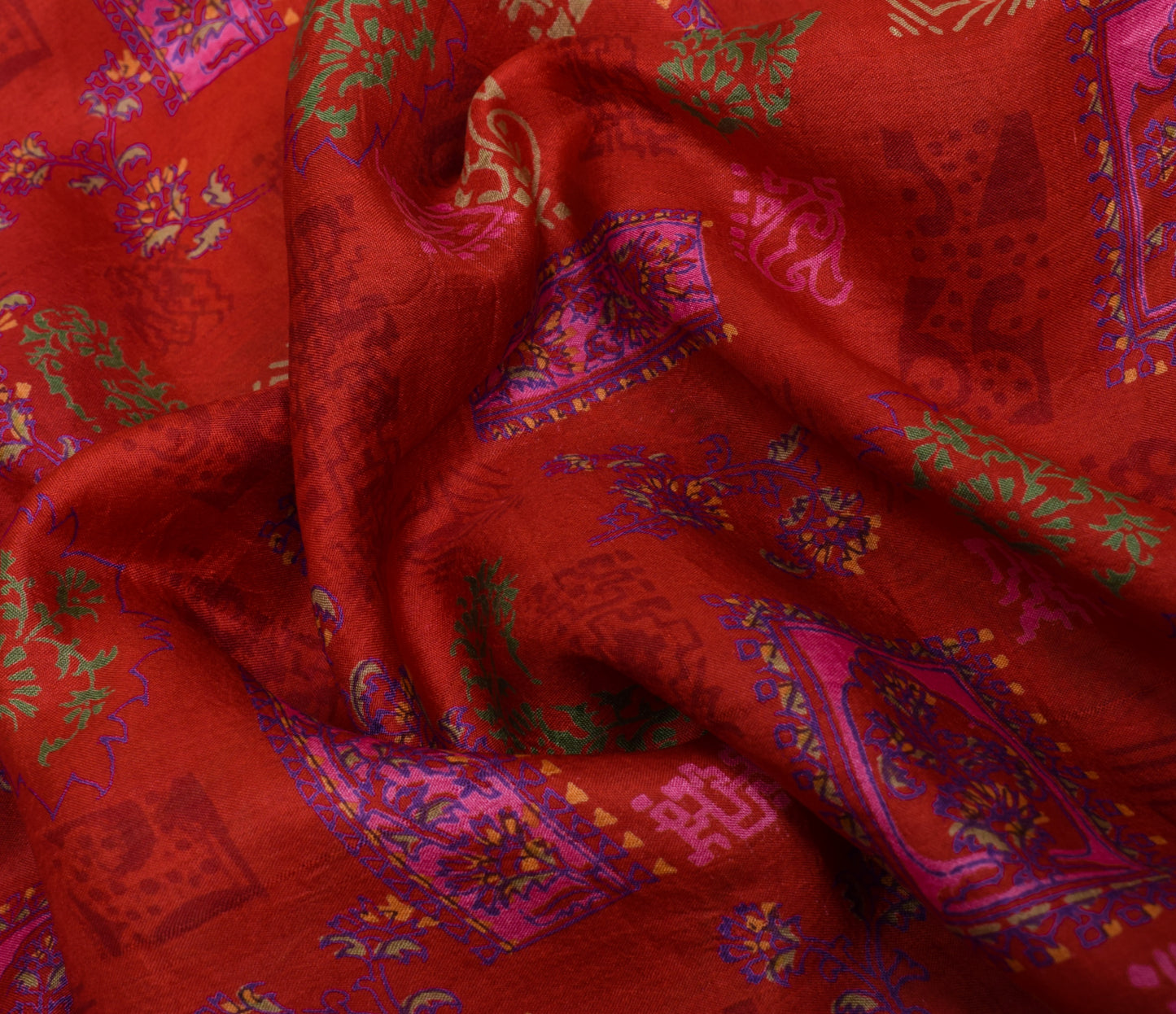 Sushila Vintage Red Scrap Saree 100% Pure Silk Printed Soft Sari Craft Fabric