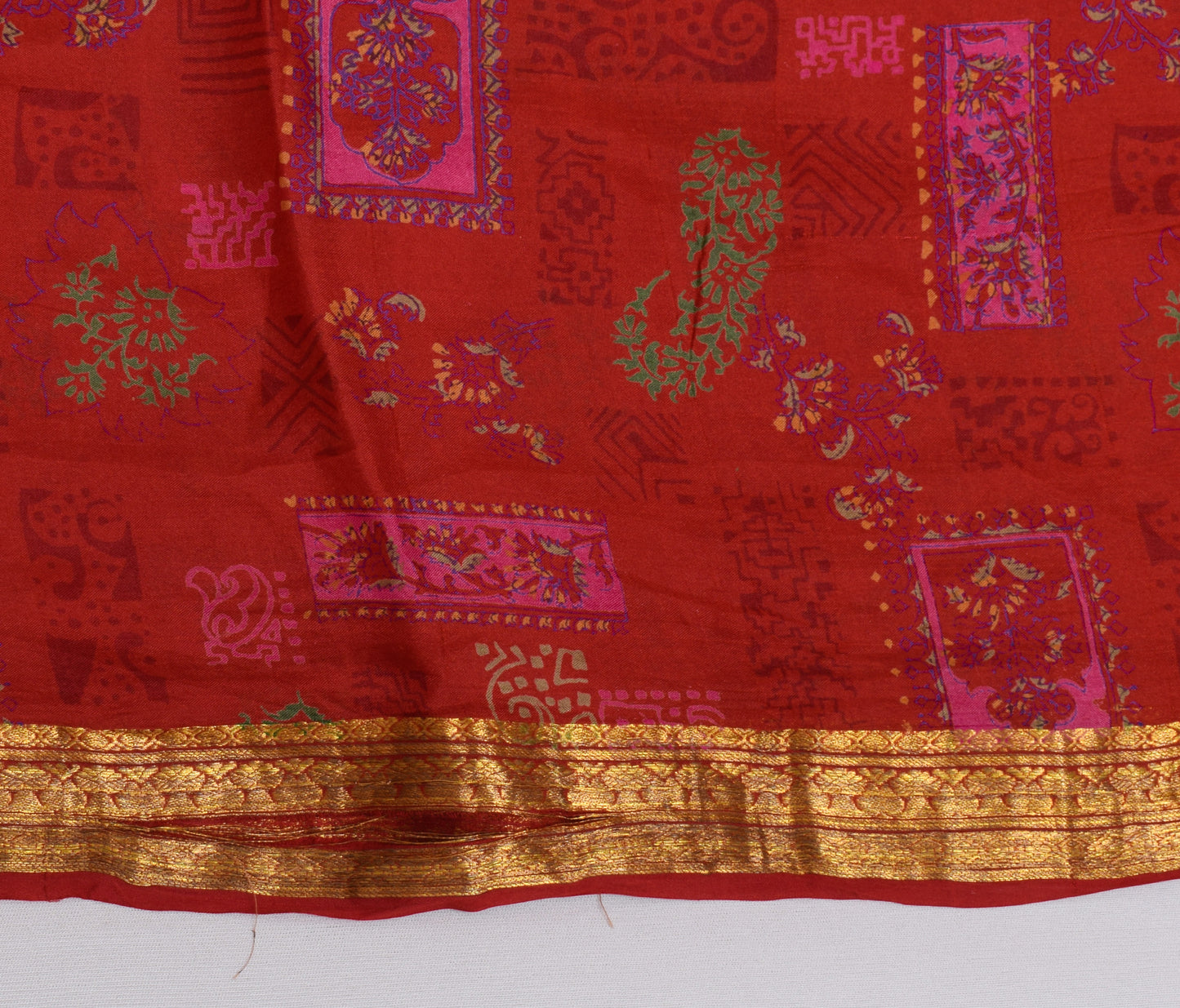 Sushila Vintage Red Scrap Saree 100% Pure Silk Printed Soft Sari Craft Fabric