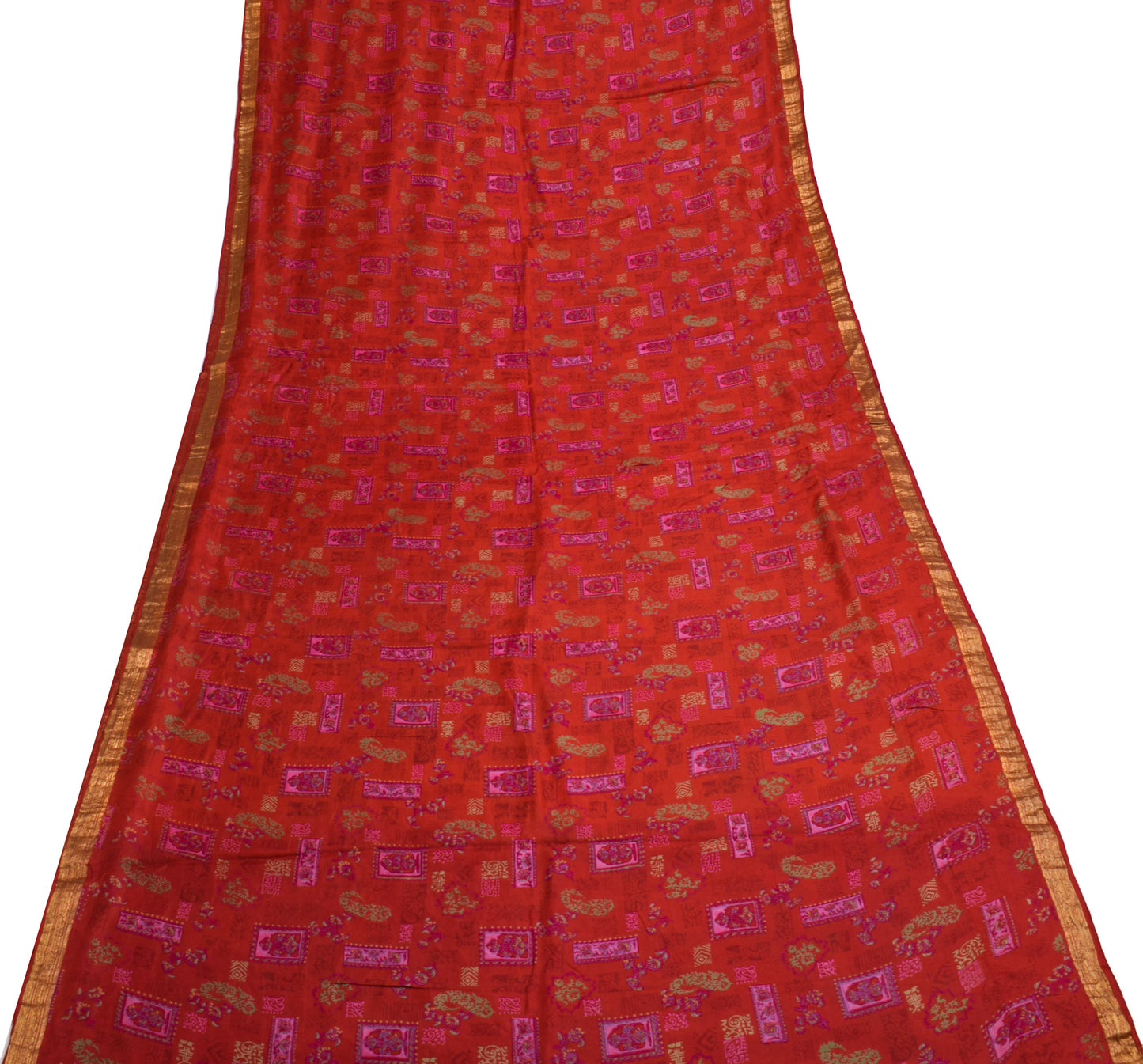 Sushila Vintage Red Scrap Saree 100% Pure Silk Printed Soft Sari Craft Fabric