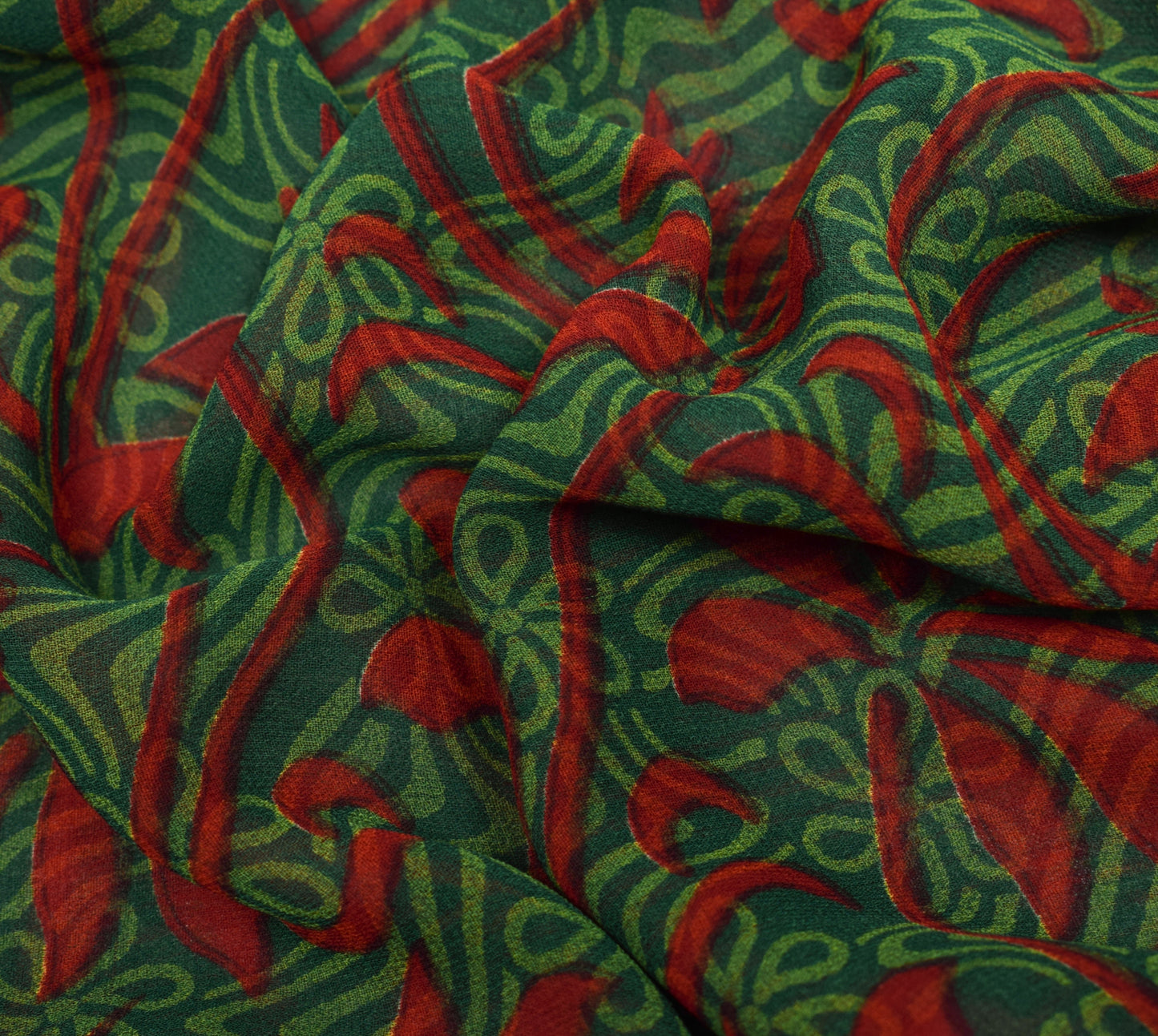 Sushila Vintage Green Scrap Saree Georgette Silk Printed Floral Sari 5 Yd Fabric