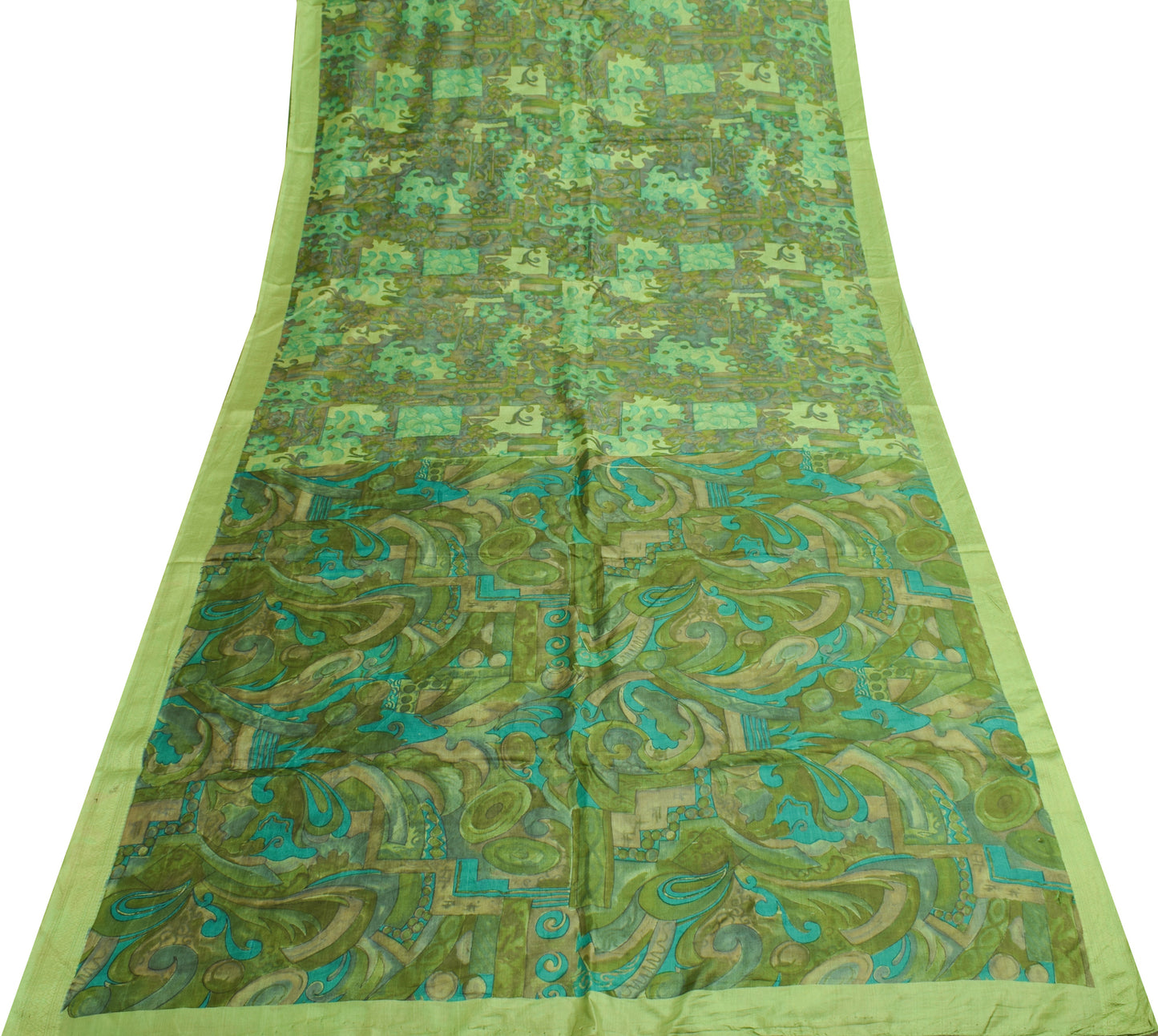 Sushila Vintage Green Scrap Saree 100%Pure Silk Printed Floral Sari Craft Fabric