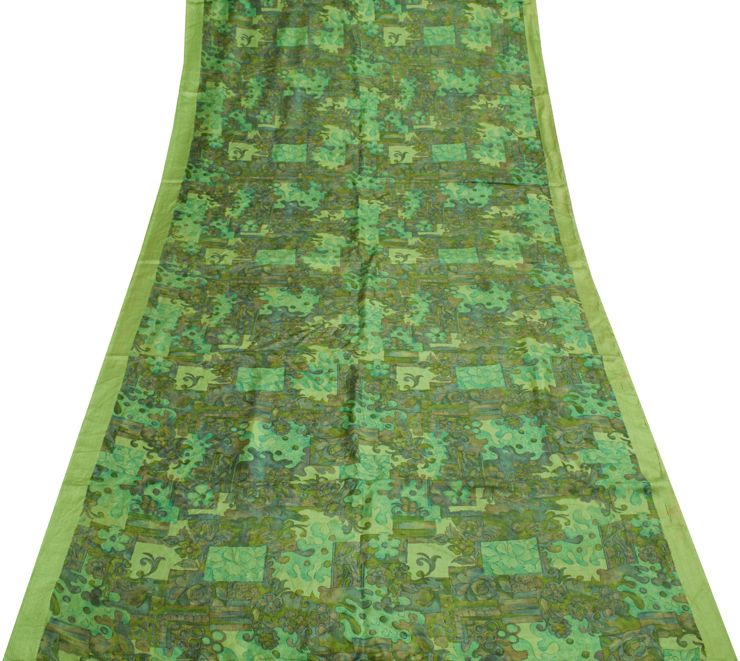 Sushila Vintage Green Scrap Saree 100%Pure Silk Printed Floral Sari Craft Fabric