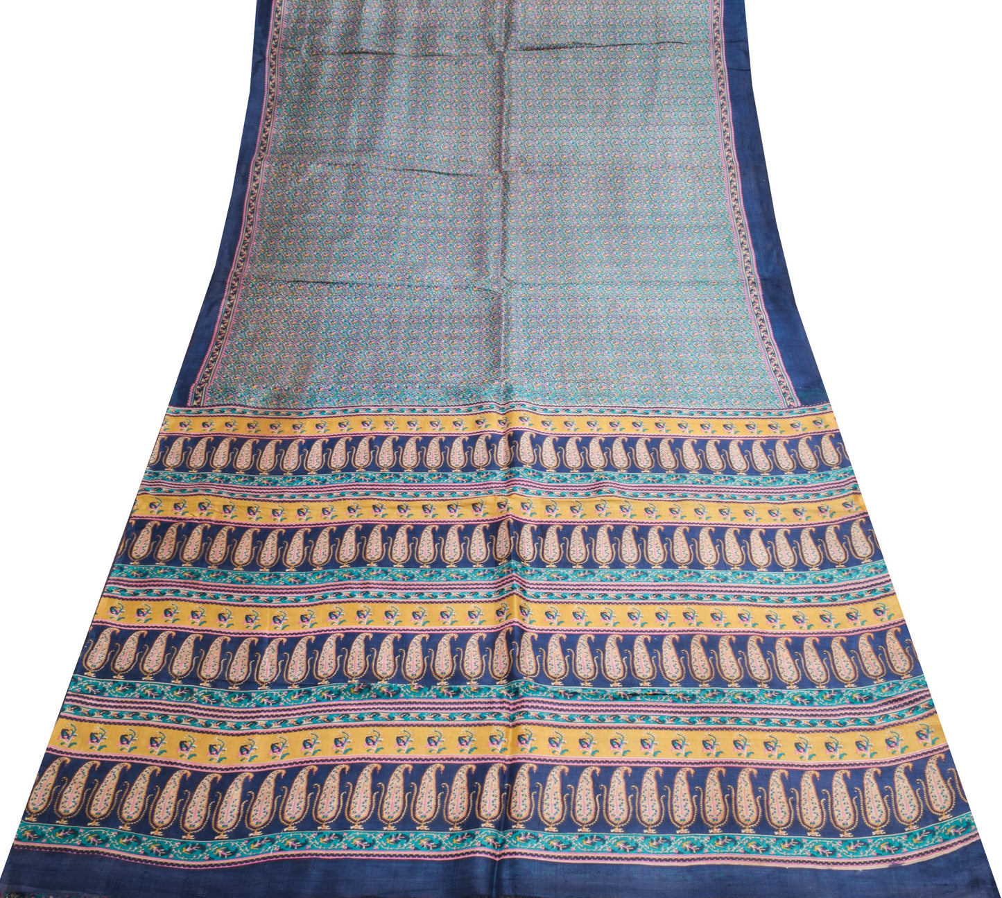 Sushila Vintage Blue Scrap Saree 100% Pure Silk Printed Floral Sari Craft Fabric