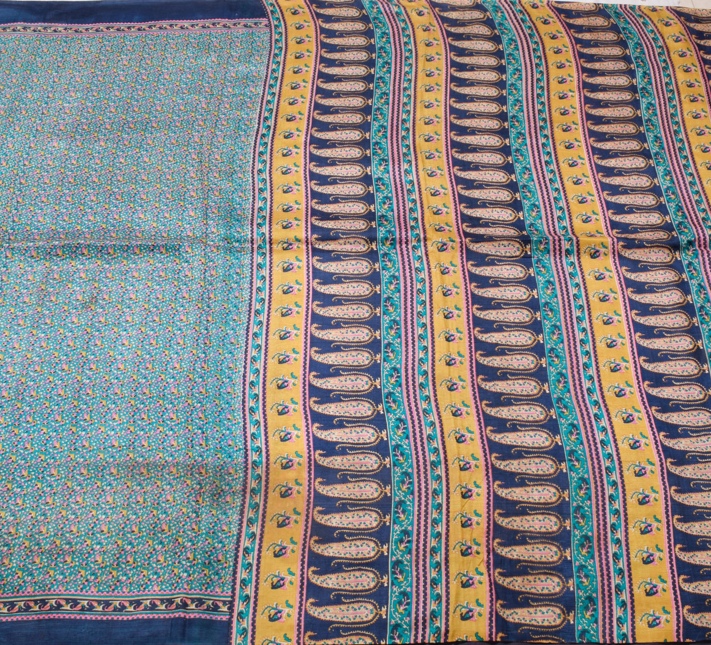 Sushila Vintage Blue Scrap Saree 100% Pure Silk Printed Floral Sari Craft Fabric