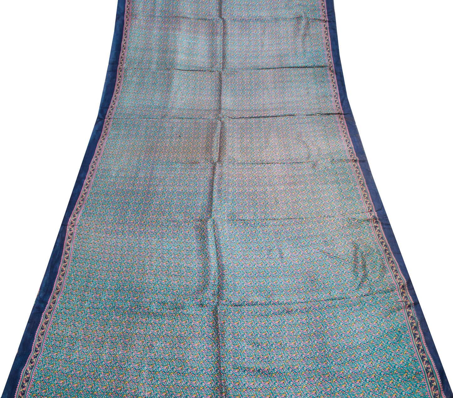 Sushila Vintage Blue Scrap Saree 100% Pure Silk Printed Floral Sari Craft Fabric