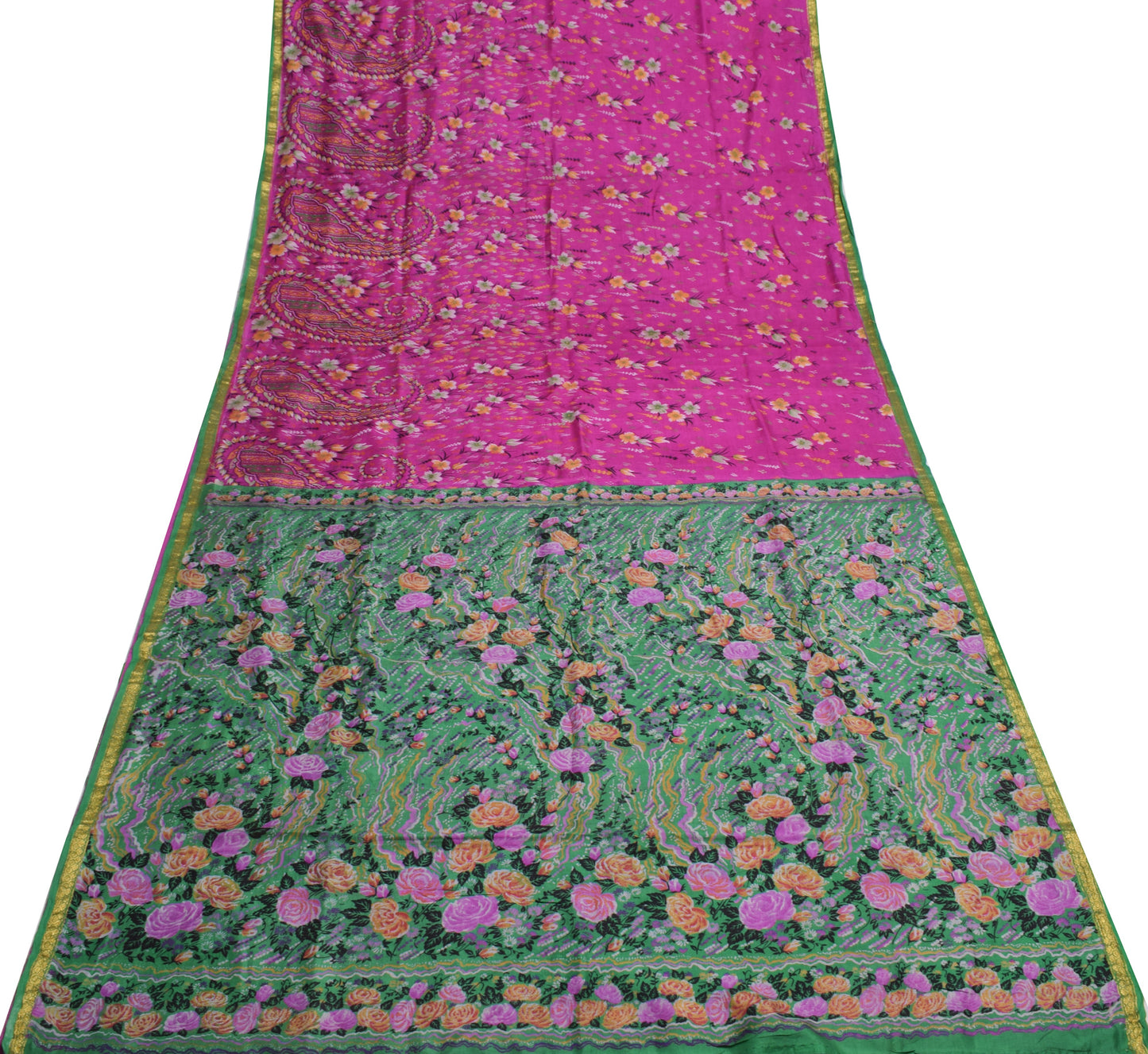 Sushila Vintage Magenta Scrap Saree 100% Pure Silk Printed Floral Sari Fabric