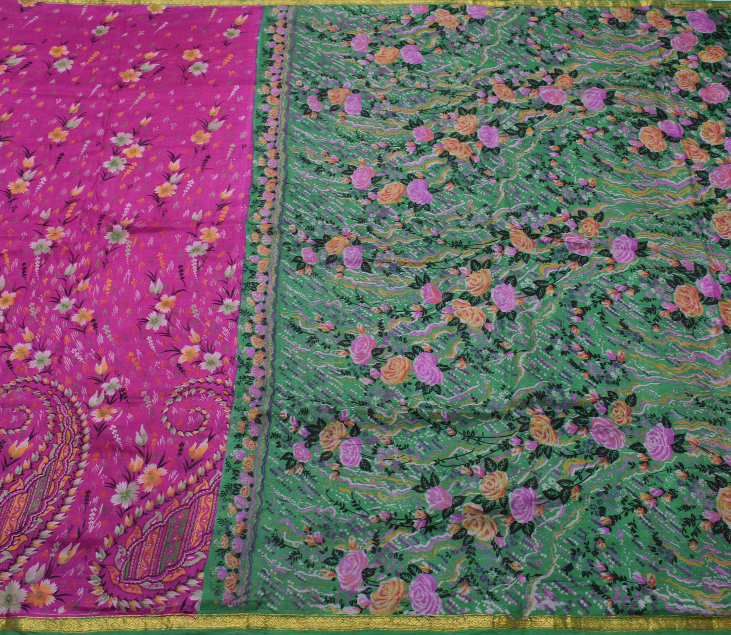 Sushila Vintage Magenta Scrap Saree 100% Pure Silk Printed Floral Sari Fabric