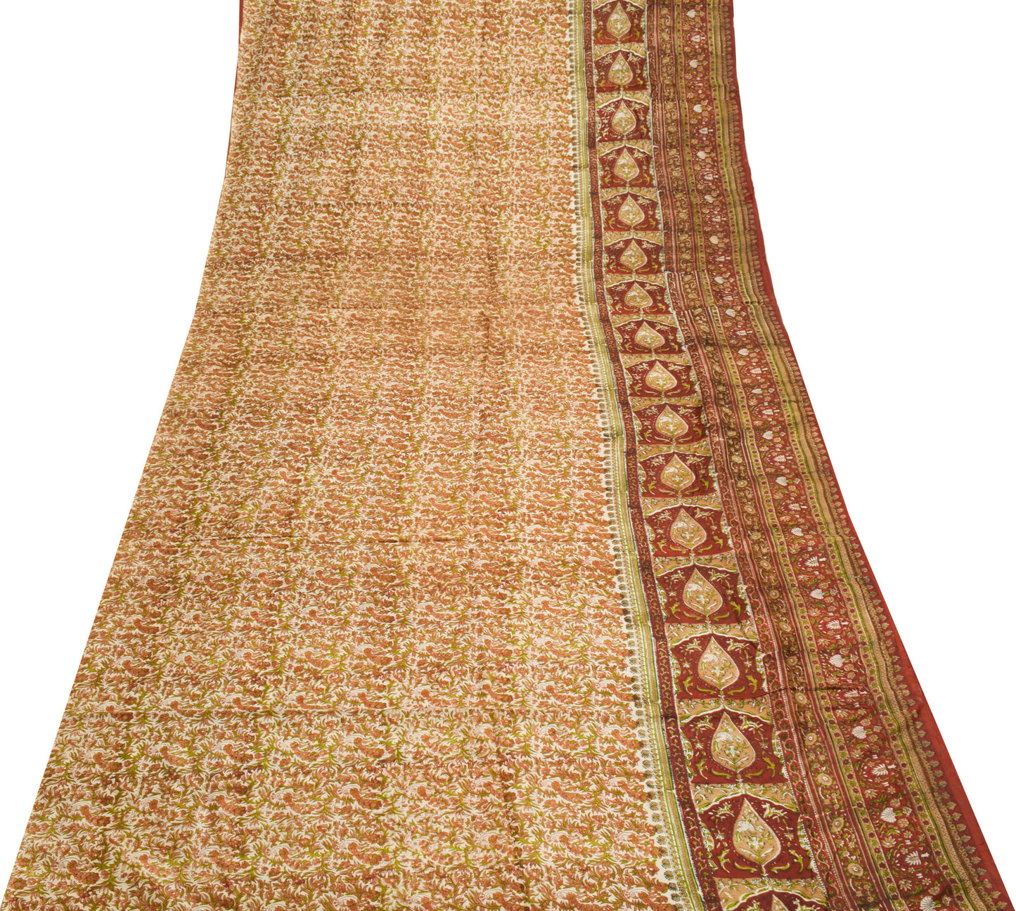 Sushila Vintage Cream Scrap Saree 100%Pure Silk Peacock Printed Soft Sari Fabric