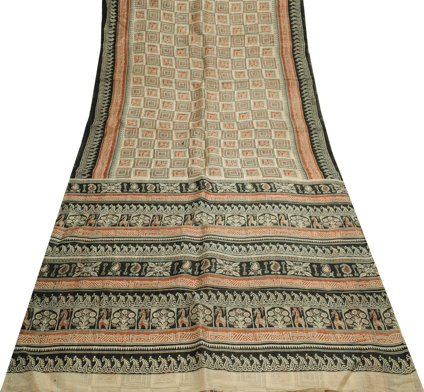 Sushila Vintage Cream Scrap Saree 100% Pure Silk Printed Sari 5 YD Craft Fabric