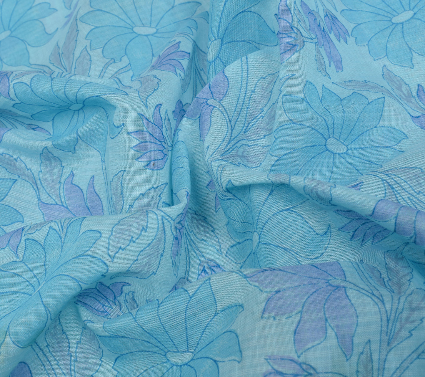 Sushila Vintage Aqua Blue Scrap Saree 100%Pure Cotton Printed Floral Sari Fabric